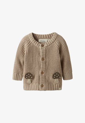 Strickjacke in Beige mit braunen Pilz-Applikationen. Verfügt über einen runden Ausschnitt, Holzknöpfe sowie gerippte Bündchen und Saum.