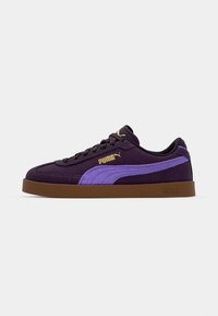 Fioletowe zamszowe sneakersy z jasnofioletowym akcentem, posiadające brązową gumową podeszwę i złote detale logo. Niskoprofilowy design z klasycznym sznurowaniem.