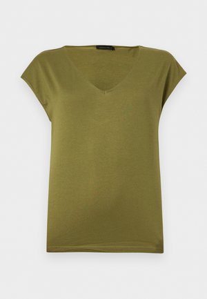 Dámske tričko krátke rukávy olivovo zelené s výstrihom do V, úzka strih a malá značková etiketa na zadnej strane výstrihu.