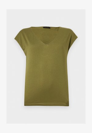T-shirt femme manches courtes vert olive avec col en V, coupe ajustée et petite étiquette de marque au niveau de la nuque.