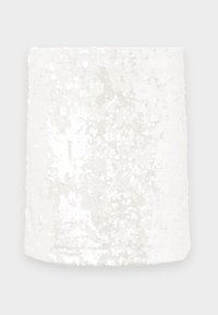 White sequin fabric tube with a smooth surface. Sequins reflect light, creating a shimmering effect. Edges are neatly finished.