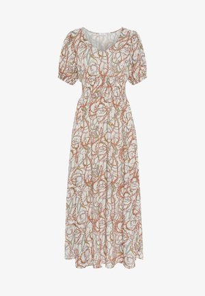 Vestido maxi con escote en V, mangas cortas abullonadas y corsé fruncido. Presenta un patrón floral en tonos terrosos sobre un fondo claro.