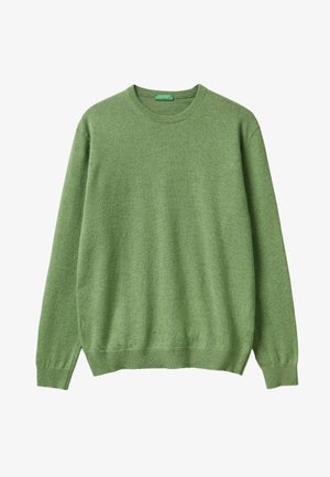 Maglione verde a maniche lunghe con scollatura a girocollo, dotato di polsini, orlo e scollatura a coste, realizzato in un tessuto a maglia fine.