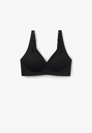 Schwarzer BH mit glatten, geformten Cups, verstellbaren Trägern und V-Ausschnitt. Hergestellt aus weichem, dehnbarem Stoff für zusätzlichen Komfort.