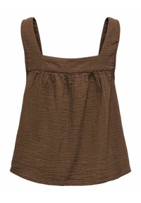 Top marron sans manches en coton avec larges bretelles et corps en tissu texturé froncé, conçu pour un usage décontracté.