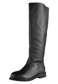 Botte noire en cuir montant jusqu'au genou avec une surface texturée, un embout arrondi et un petit talon bloc ; équipée d'une fermeture éclair latérale pour un enfilage facile.