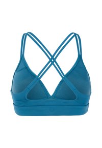 Teal sportbeha met een gladde, zachte textuur, voorzien van een driehoekig design en gekruiste banden op de rug voor extra ondersteuning.