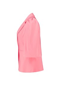 Roze blazer met een gestructureerd ontwerp, voorzien van pofmouwen, geknoopte revers en een getailleerde pasvorm. Gladde stof en zijzakken.