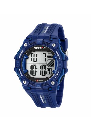 Orologio sportivo digitale con cinturino in gomma blu, grande schermo grigio che mostra ora, giorno, allarme e pulsanti di controllo etichettati reset, modalità, luce e avvio/stop.