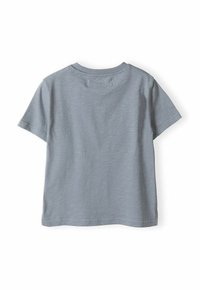 Pelēks īsām piedurknēm T-krekls, kas izgatavots no mīkstas kokvilnas. Tam ir apaļa kakla izgriezums, taisna apmale un smalka heathered tekstūra. Skats no aizmugures.