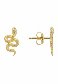 Orecchini a forma di serpente d'oro con dettagli testurizzati. Presentano un perno sul retro per una vestibilità sicura. Il design intricato mette in evidenza le squame e la testa.