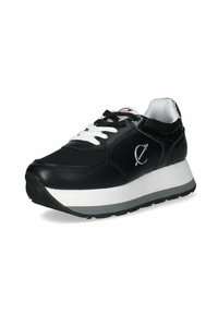 Sneaker sintetica nera con lacci bianchi, punta tondeggiante, suola platform e un accento testurizzato sul lato. Presenta un logo sul lato esterno.