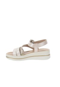 Sandal rosa e beige con design a strap, plantare imbottito, dettagli testurizzati e suola in gomma. Presenta una cinghia regolabile alla caviglia per una vestibilità ottimale.