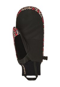 Schwarze Handschuh mit gemustertem Oberteil, das rote und beige Akzente zeigt, strukturiertem Material, elastischem Bündchen und einer palmfläche, die den Grip verbessert.