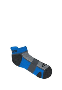 Chaussettes bleues et grises avec un motif texturé, un talon renforcé et une bordure côtelée. Fabriquées en tissu respirant pour un confort optimal.