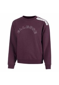 Felpa viola con colletto a girocollo a coste, maniche lunghe e logo "ELLESSE" bianco ad arco. Presenta tre strisce bianche sulle spalle.