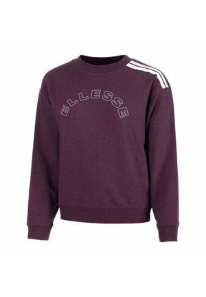 Sweatshirt violet avec col rond côtelé, manches longues et logo "ELLESSE" blanc en arc. Présente trois rayures blanches sur les épaules.