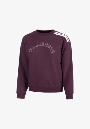 Lila Sweatshirt mit geripptem Rundhalsausschnitt, langen Ärmeln und weißem, gebogenem "ELLESSE"-Logo. Mit drei weißen Streifen an den Schultern.