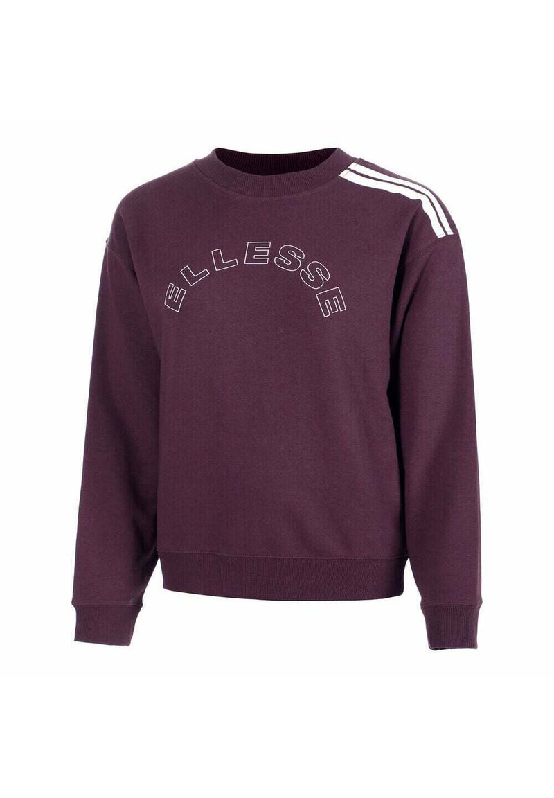 Felpa viola con colletto a girocollo a coste, maniche lunghe e logo "ELLESSE" bianco ad arco. Presenta tre strisce bianche sulle spalle.