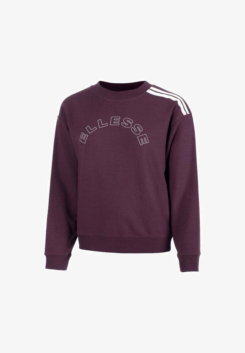 Felpa viola con colletto a girocollo a coste, maniche lunghe e logo "ELLESSE" bianco ad arco. Presenta tre strisce bianche sulle spalle.