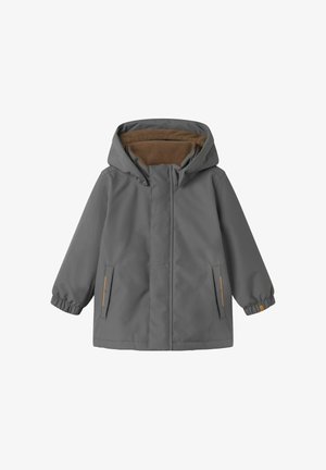 Grau wasserfeste Jacke mit einer braunen, fleecegefütterten Kapuze, elastischen Bündchen und zwei Seitentaschen. Verfügt über einen Frontreißverschluss mit einer glatten Textur.