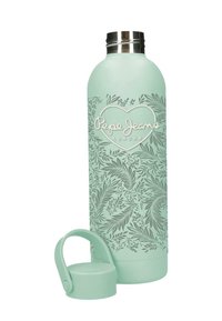 Botella de agua mint verde de Pepe Jeans London con patrón floral de hojas y tapa con asa desmontable, parte superior de acero inoxidable.