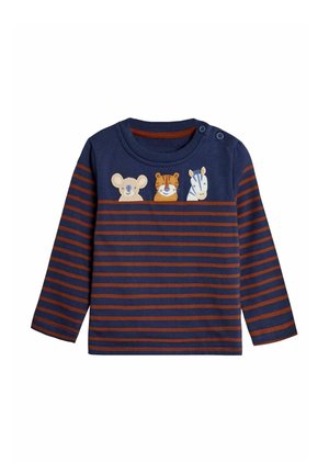 Langärmliges Kinderhemd in Marineblau und Braun gestreift mit bestickten Koala-, Tiger- und Zebra-Gesichtern auf der Brust.