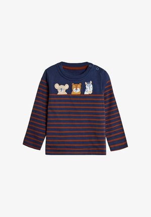 Langærmet babytrøje med marineblå og brune striber samt broderede ansigter af koala, tiger og zebra på brystet.