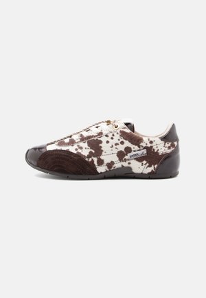 Brown and white patterned sneakers with a smooth leather and textured fabric upper, featuring a rounded toe and a low profile design.