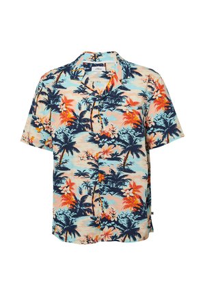 Kurzarmhemd mit tropischem Druck. Enthält blau, orange und rosa Farben mit Palmen und Blumen auf einem hellen Hintergrund.