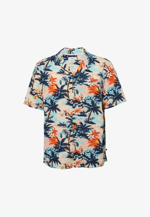 Kurzarmhemd mit tropischem Druck. Enthält blau, orange und rosa Farben mit Palmen und Blumen auf einem hellen Hintergrund.
