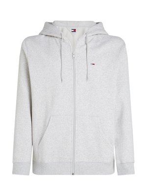 Sudadera con cremallera de color gris claro, hecha de una mezcla de algodón, que cuenta con un bolsillo frontal, capucha con cordón y un pequeño logo en el pecho.