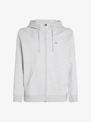 Sudadera con cremallera de color gris claro, hecha de una mezcla de algodón, que cuenta con un bolsillo frontal, capucha con cordón y un pequeño logo en el pecho.