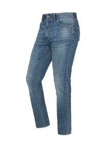 Wyblakłe niebieskie dżinsy o prostym kroju, wyposażone w klasyczny fason z pięcioma kieszeniami oraz ozdobnym przeszyciem wzdłuż szwów.