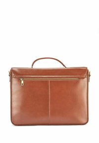Brązowa skórzana aktówka z górną rączką, z przednią kieszenią na zamek, czystymi liniami i gładką, błyszczącą fakturą.