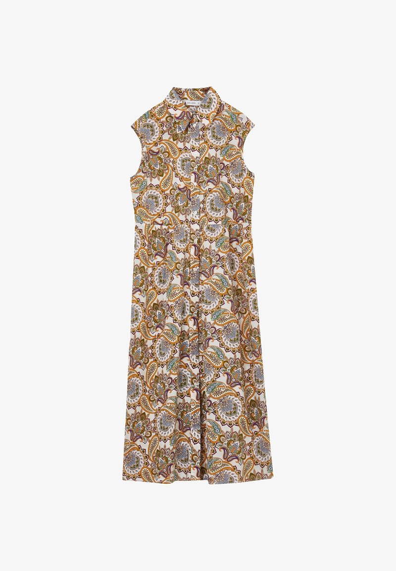 Robe midi sans manches avec col et boutonnage sur le devant, présentant un imprimé cachemire et floral multicolore aux tons terreux.
