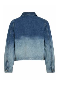 Denimtagi, millel on tuhmunud efekt tumedast sinisest ülaosas kuni helesiniseni allosas, pikad varrukad ja nööbitavad mansetid.