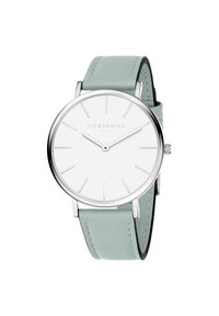 Runde Uhr mit peißem Ziffernblatt, silbernem Metallgehäuse und minimalen Stundenmarkierungen. Verfügt über ein hellblaues Lederarmband mit schwarzem Nähten.