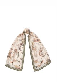 Foulard en soie avec un imprimé floral et animal dans un doux crème, avec des bordures vertes et une texture lisse. Tordu au centre pour le drapé.