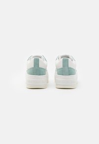 Sneaker bianche con accenti in suede blu chiaro, pelle texturizzata e una spessa suola bianca con "Calvin Klein Jeans" impresso sul retro.