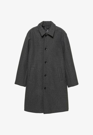 Siv kulir plašč z ovratnikom, gumbom za zapiranje in dvema stranskima žepoma. Ima strukturirano zasnovo in mehak teksturo.