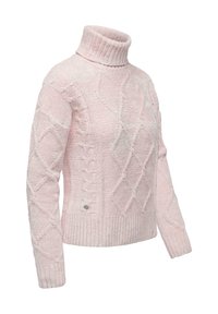 Rosa Strickpullover mit hohem, geripptem Rollkragen und strukturierten Rautenmuster. Der Stoff ist weich und hat ein gemütliches Aussehen.