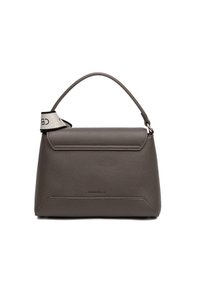 Borsa a tracolla grigia in pelle con una forma strutturata, dotata di manico superiore e di un accento in tessuto a contrasto con dettagli del logo sul lato.