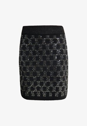 Black mini skirt featuring a checkerboard design with sequins. Ribbed waistband and textured fabric, adding depth and shine to the surface.