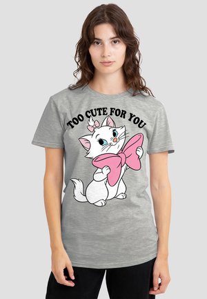 Gray cotton t-shirt featuring a cartoon white cat holding a pink bow. Text above reads, "TOO CUTE FOR YOU" in bold black letters.