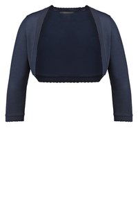 Cardigan corto blu navy con maniche lunghe, apertura frontale, orli a coste e bordi ondulati, realizzato in un tessuto morbido e elasticizzato.