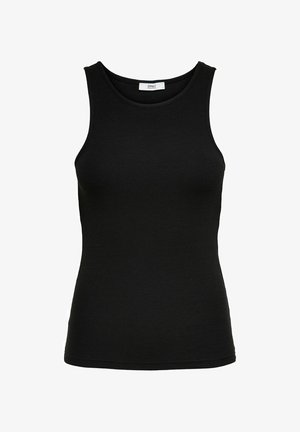 Top a maniche corte nero a costine con scollatura rotonda e design senza maniche. Presenta una silhouette aderente e una texture liscia, adatta per essere indossato in strati.