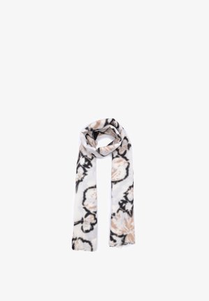 Sciarpa a motivo floreale bianca, nera e rosa pallido. Tessuto leggero con bordi sfrangiati, caratterizzato da una forma lunga e rettangolare.