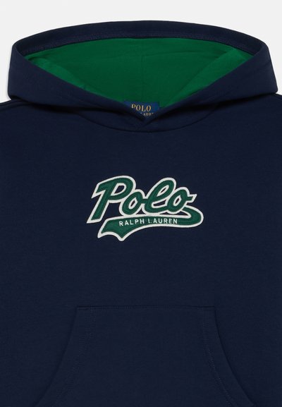 Felpa blu navy con interno verde, con logo "Polo Ralph Lauren" ricamato in bianco e verde e tasca frontale.