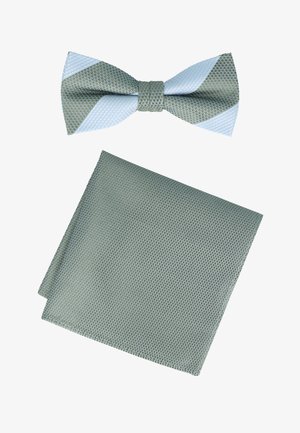 Grüne gemusterte Fliege mit hellblauen diagonalen Streifen, kombiniert mit einem passenden grünen gemusterten Einstecktuch vor weißem Hintergrund.